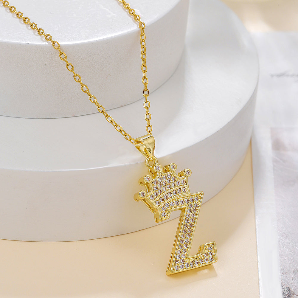 1PCS Fashionable Gold Diamond Crown Uppercase Letter Popular Pendant Necklace Suitable For Daily Use Festivals Parties Gifts Jewelry Set
