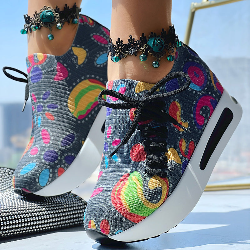 Women's Random Print Side Lace-Up Elastic Sport Shoes, Comfortable Slip-On Sneakers For Women, Casual Daily Wear Footwear