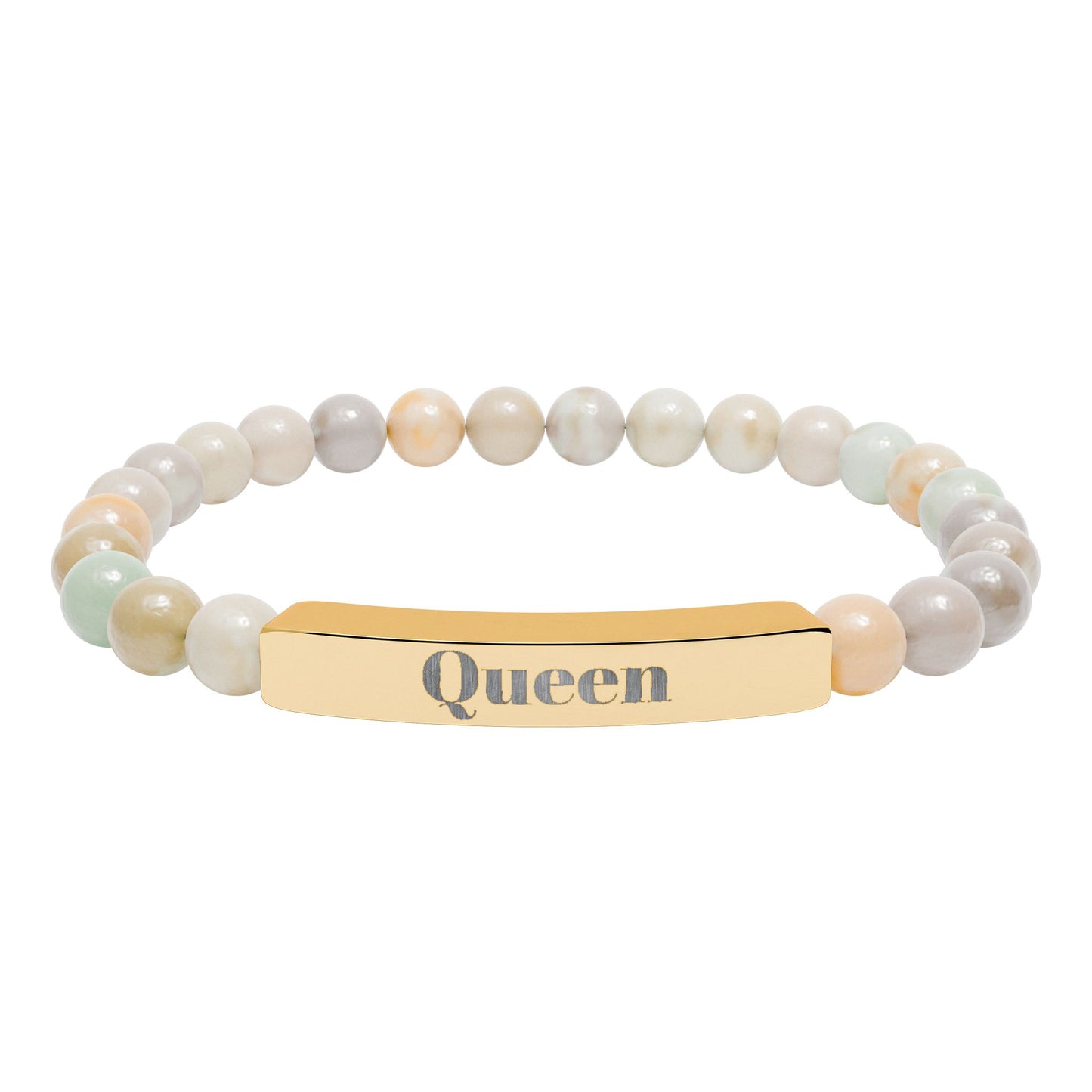 Engraved Natural Stone Stretch Bar Bracelet — 'Queen' Beaded Personalized Jewelry
