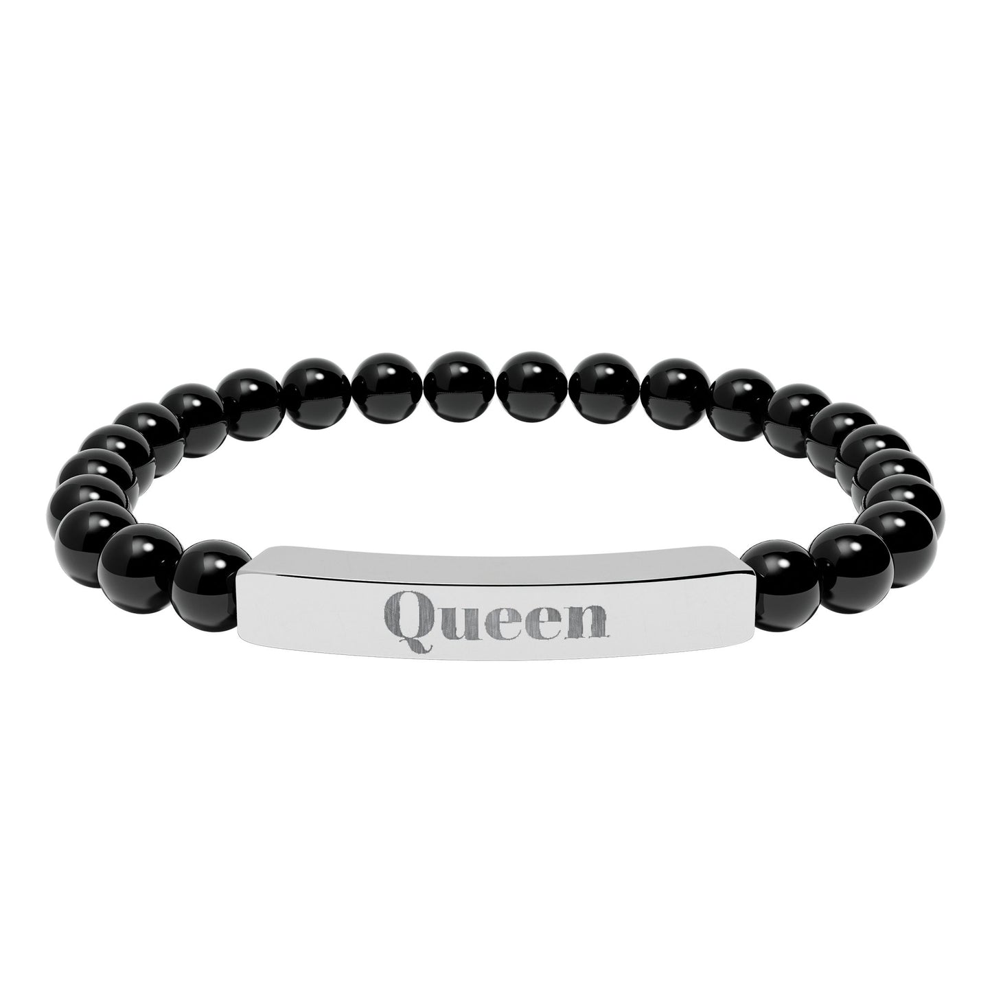 Engraved Natural Stone Stretch Bar Bracelet — 'Queen' Beaded Personalized Jewelry