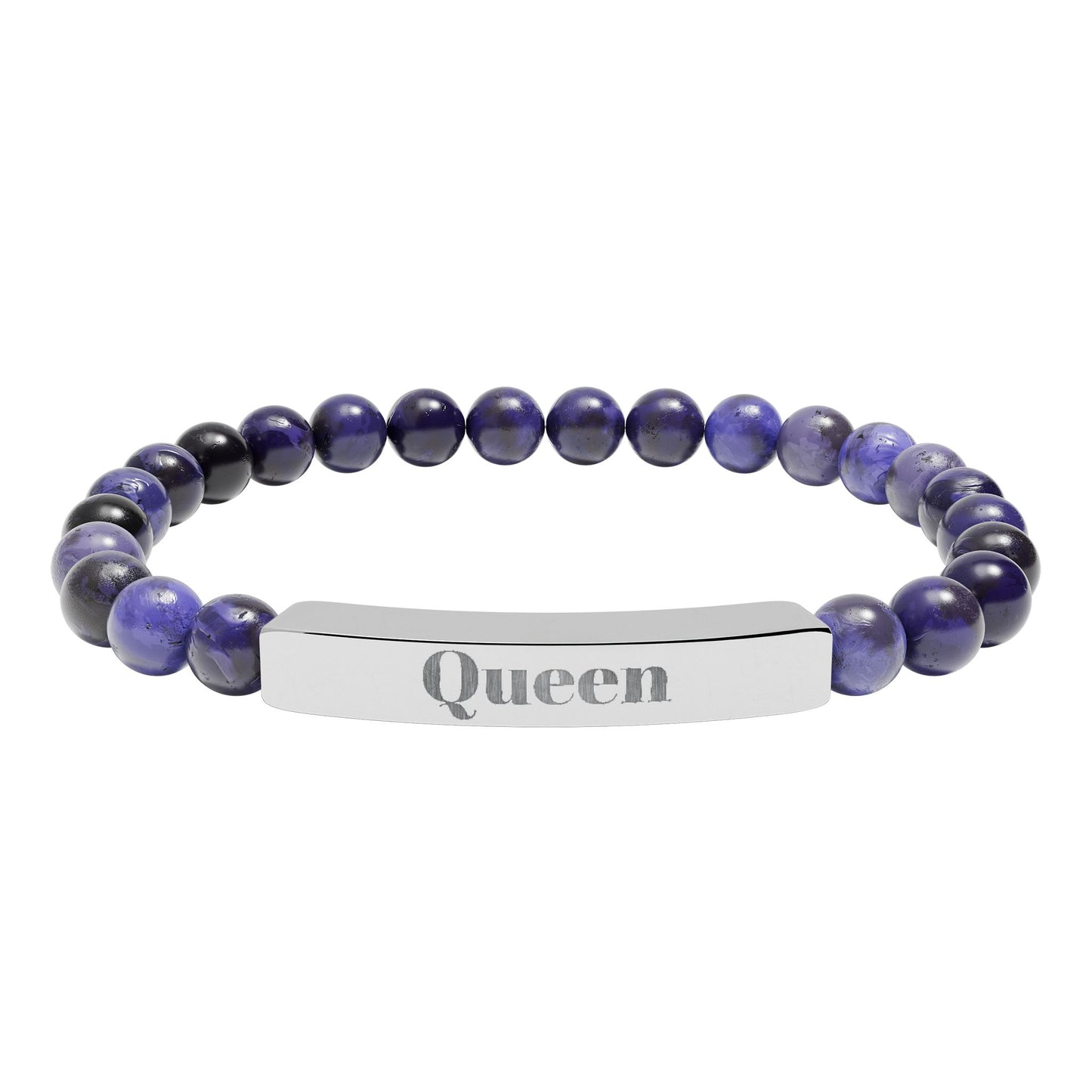 Engraved Natural Stone Stretch Bar Bracelet — 'Queen' Beaded Personalized Jewelry