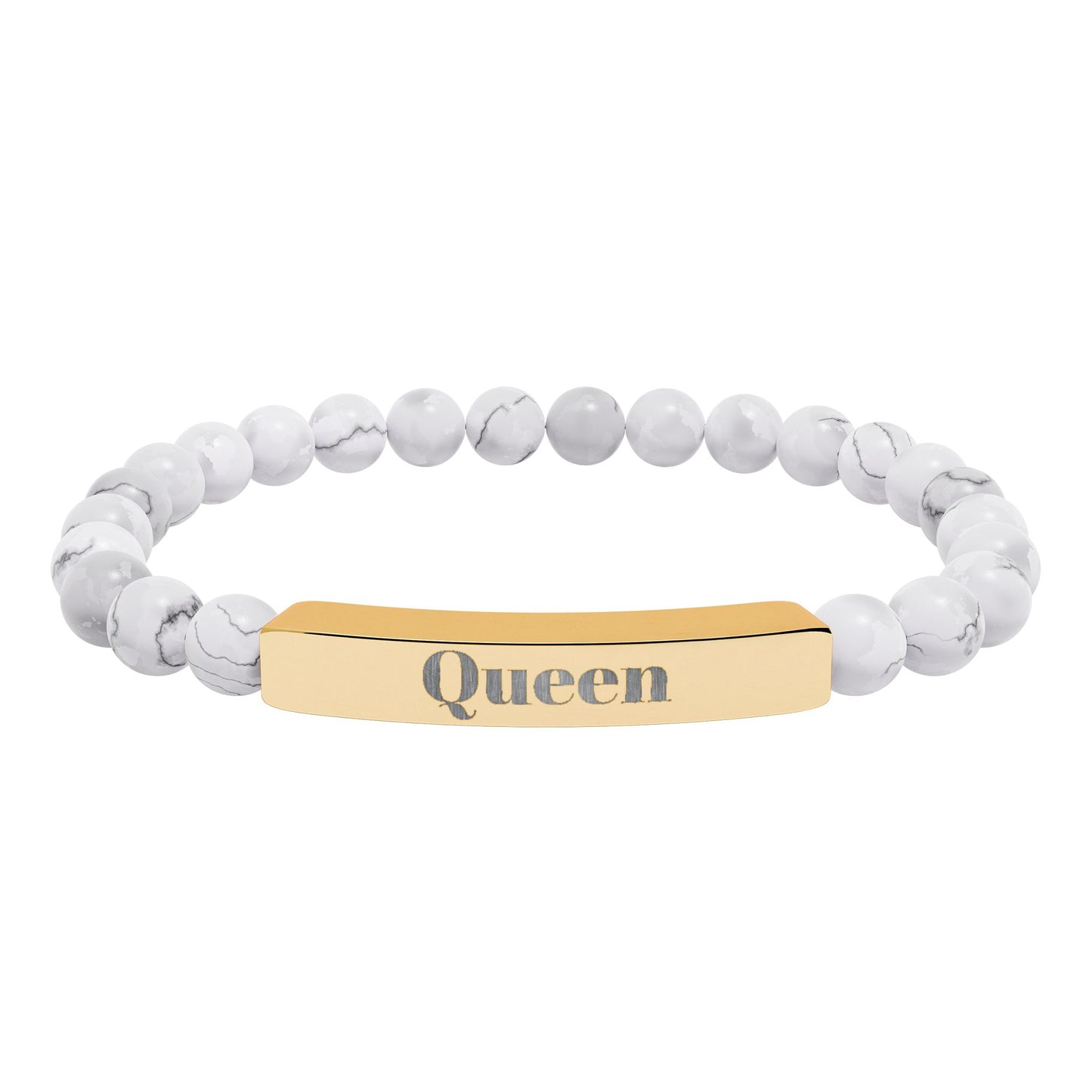 Engraved Natural Stone Stretch Bar Bracelet — 'Queen' Beaded Personalized Jewelry
