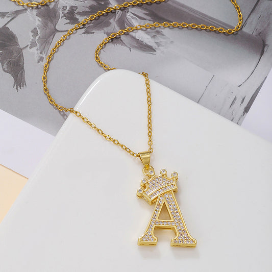 1PCS Fashionable Gold Diamond Crown Uppercase Letter Popular Pendant Necklace Suitable For Daily Use Festivals Parties Gifts Jewelry Set