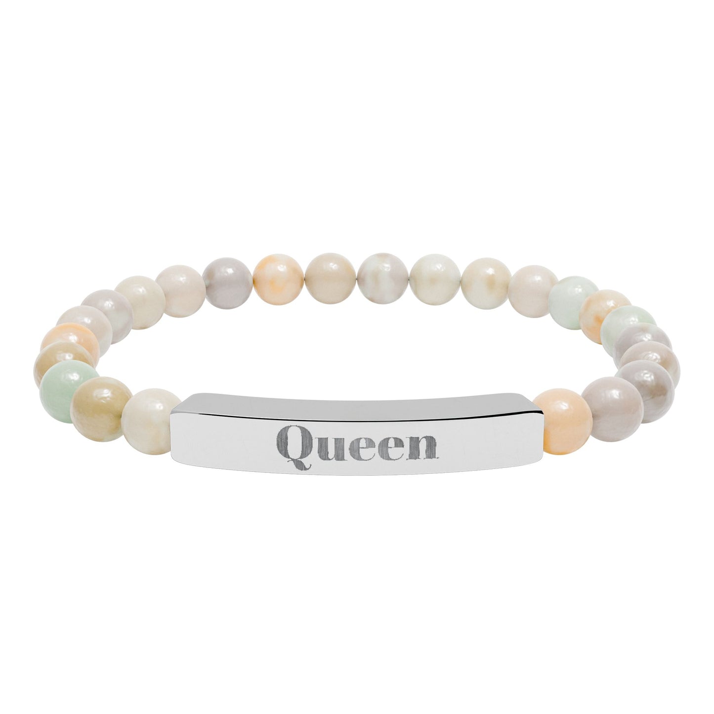 Engraved Natural Stone Stretch Bar Bracelet — 'Queen' Beaded Personalized Jewelry