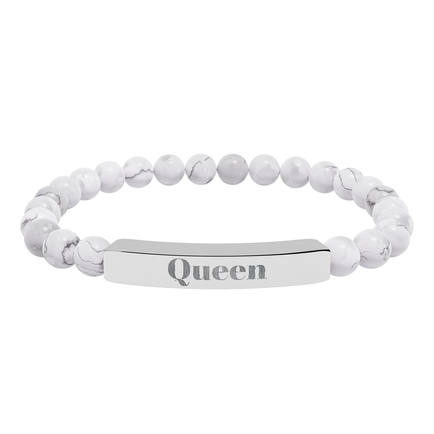 Engraved Natural Stone Stretch Bar Bracelet — 'Queen' Beaded Personalized Jewelry