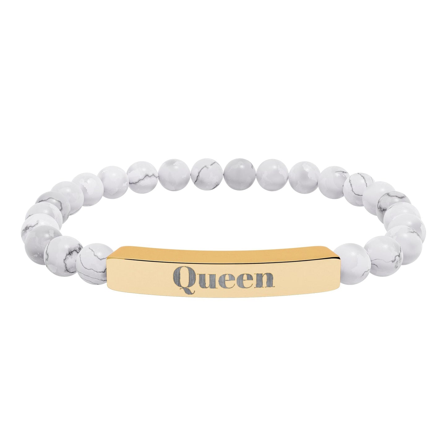 Engraved Natural Stone Stretch Bar Bracelet — 'Queen' Beaded Personalized Jewelry