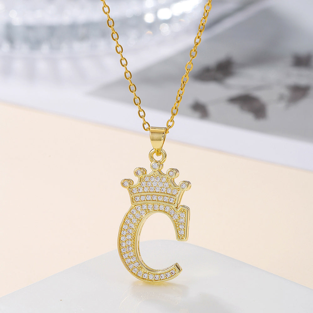 1PCS Fashionable Gold Diamond Crown Uppercase Letter Popular Pendant Necklace Suitable For Daily Use Festivals Parties Gifts Jewelry Set