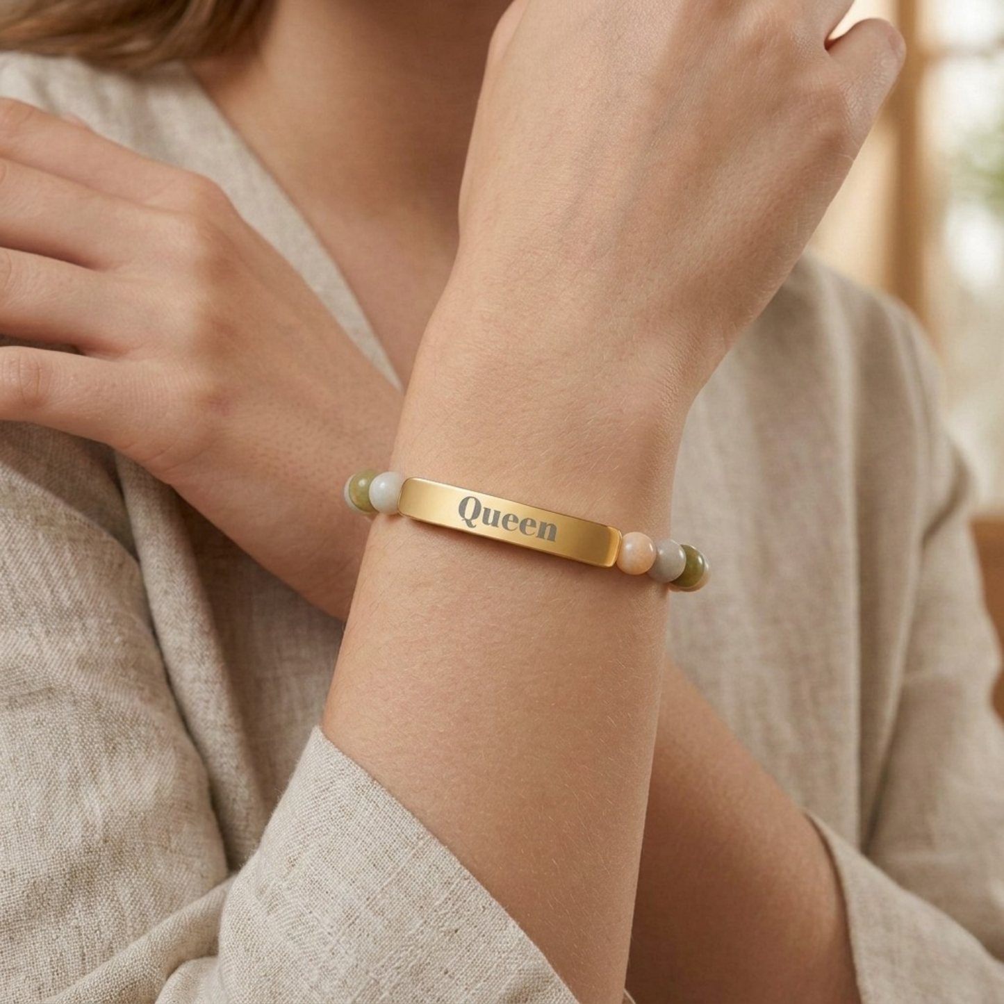Engraved Natural Stone Stretch Bar Bracelet — 'Queen' Beaded Personalized Jewelry