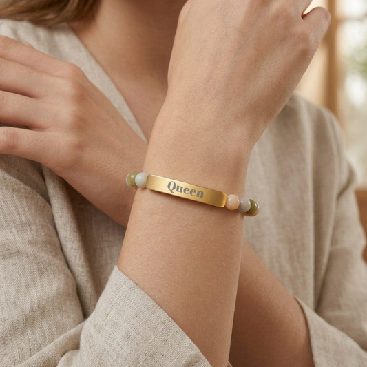 Engraved Natural Stone Stretch Bar Bracelet — 'Queen' Beaded Personalized Jewelry
