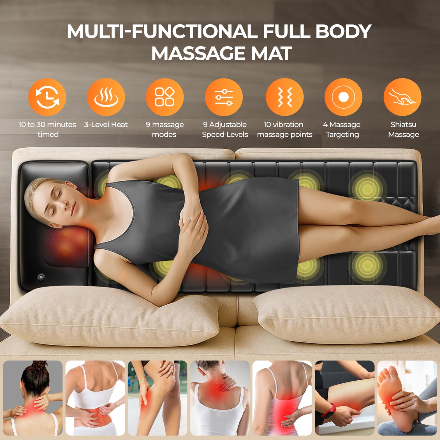 12V Electric Massage Cushion With Heating 9 Modes Foot, Neck  Full Body Massager Pillow With Timer 3 Intensity Levels & Auto Switching 36W, 15-30min