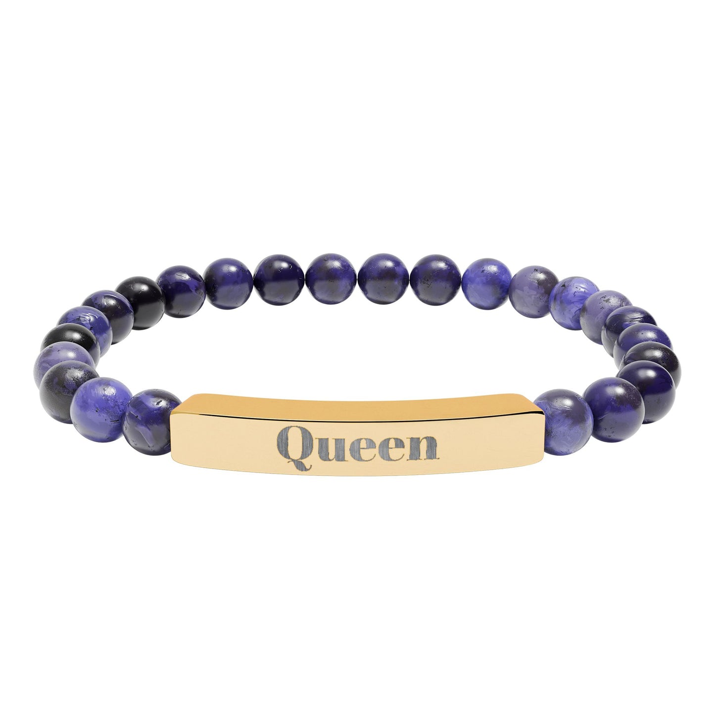 Engraved Natural Stone Stretch Bar Bracelet — 'Queen' Beaded Personalized Jewelry