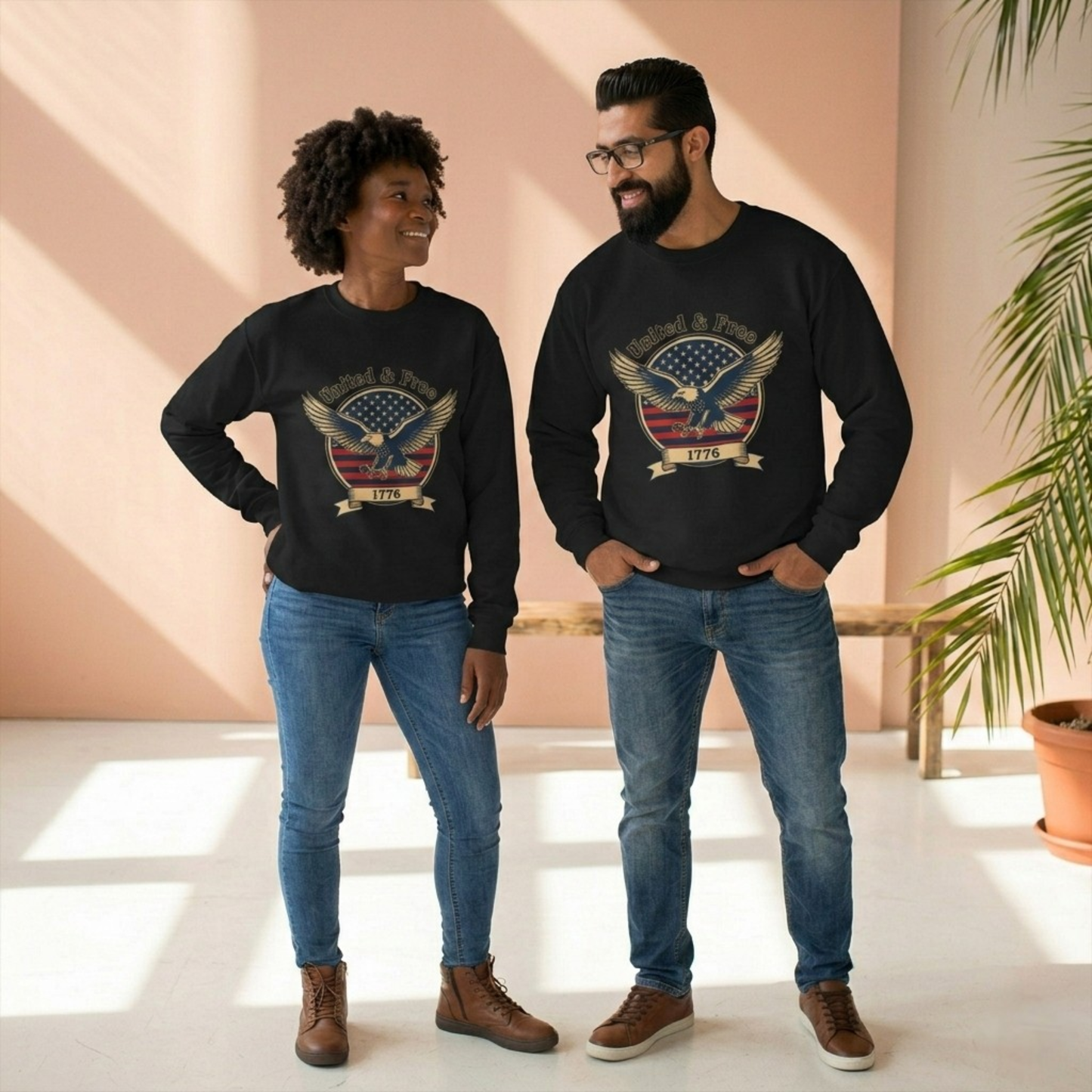 United & Free Eagle Crewneck Sweatshirt — Patriotic 1776 American Flag Design