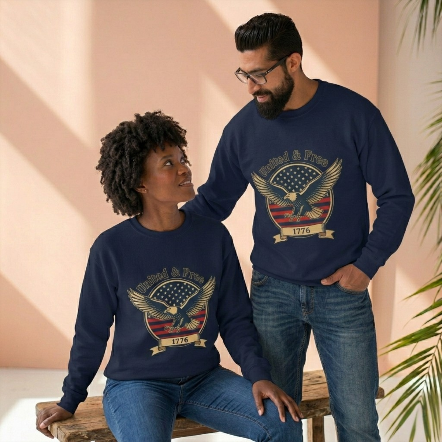 United & Free Eagle Crewneck Sweatshirt — Patriotic 1776 American Flag Design