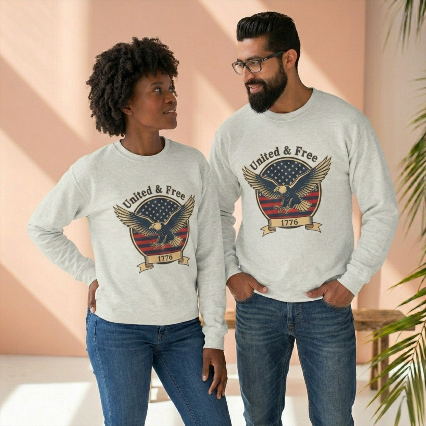 United & Free Eagle Crewneck Sweatshirt — Patriotic 1776 American Flag Design