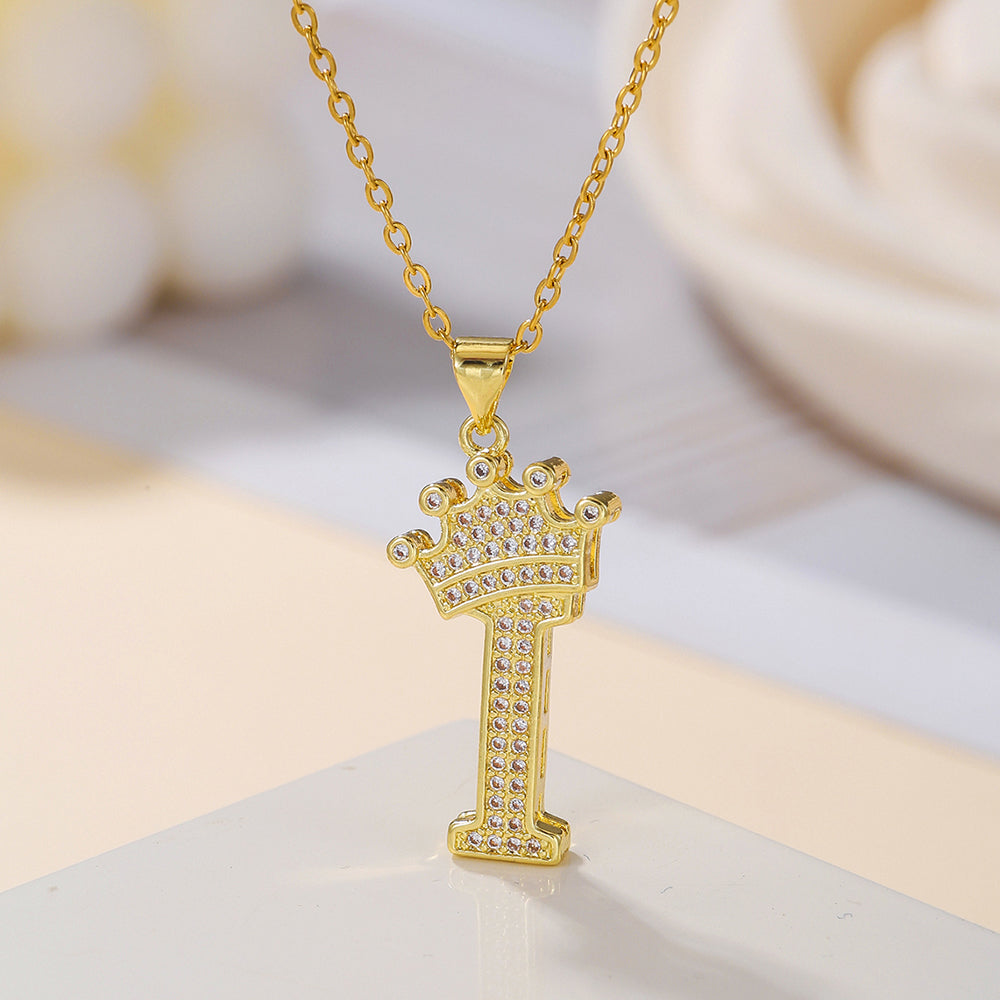 1PCS Fashionable Gold Diamond Crown Uppercase Letter Popular Pendant Necklace Suitable For Daily Use Festivals Parties Gifts Jewelry Set