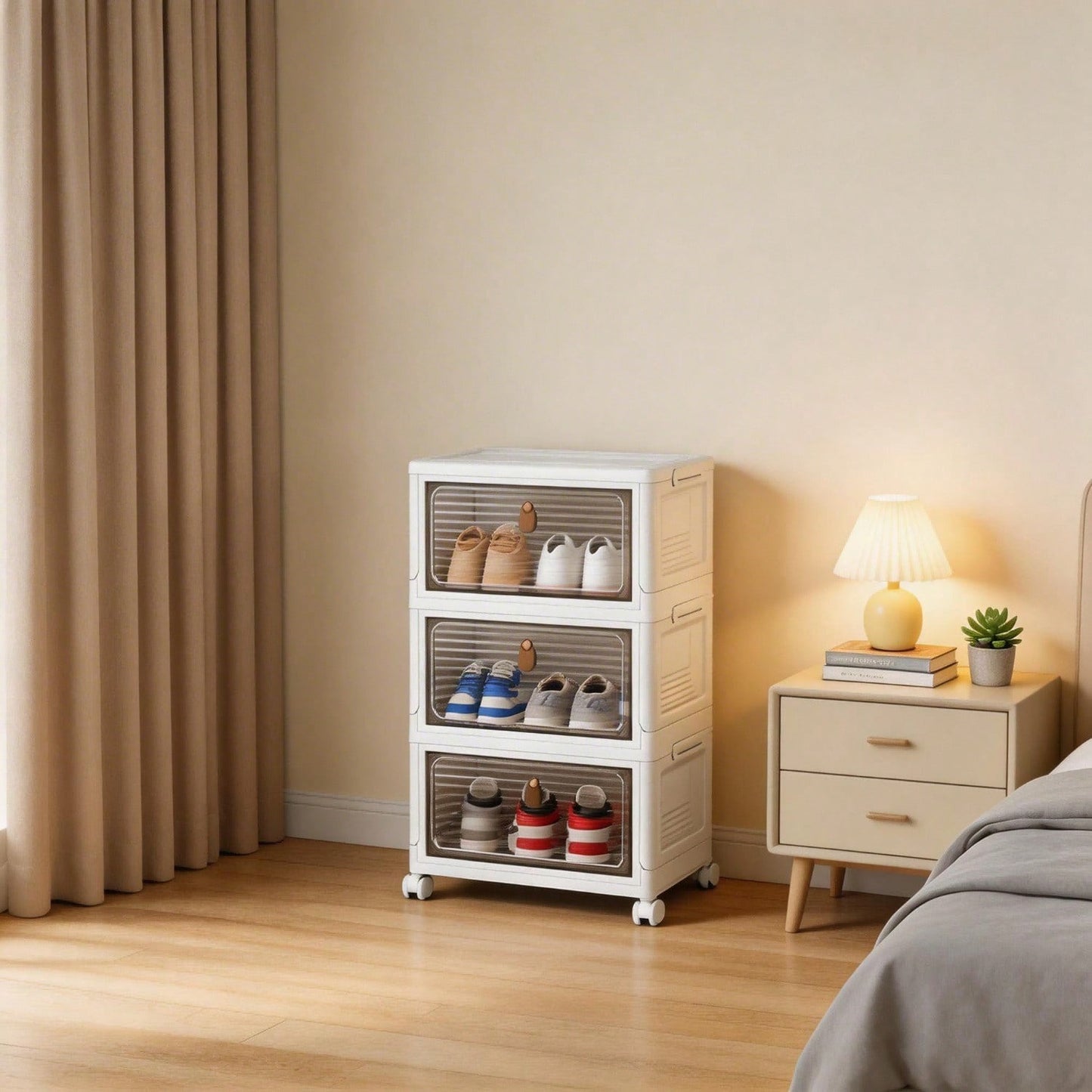 Dustproof Clear Plastic Shoe Storage Box Stackable Foldable 3Tier Shoe Cabinet Organizer For Home Bedroom Entryway