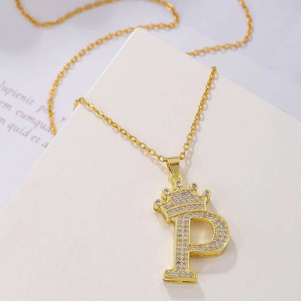 1PCS Fashionable Gold Diamond Crown Uppercase Letter Popular Pendant Necklace Suitable For Daily Use Festivals Parties Gifts Jewelry Set